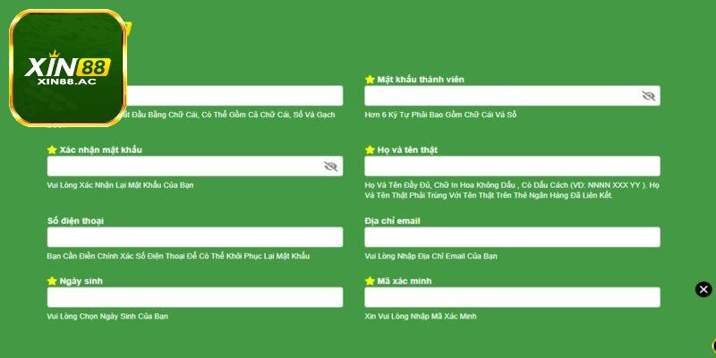 Điền thông tin vào biểu mẫu đăng ký Xin88